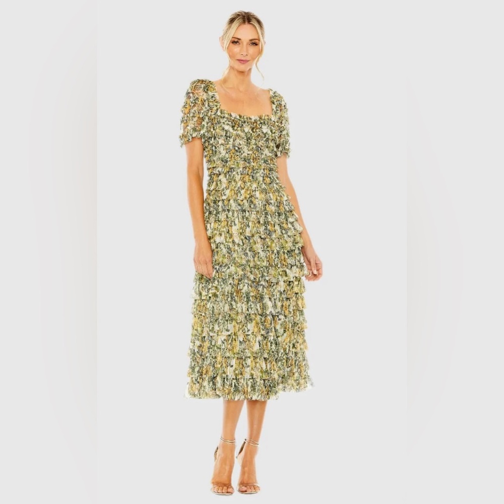 Floral Tiered Midi Dress in Green and Yellow